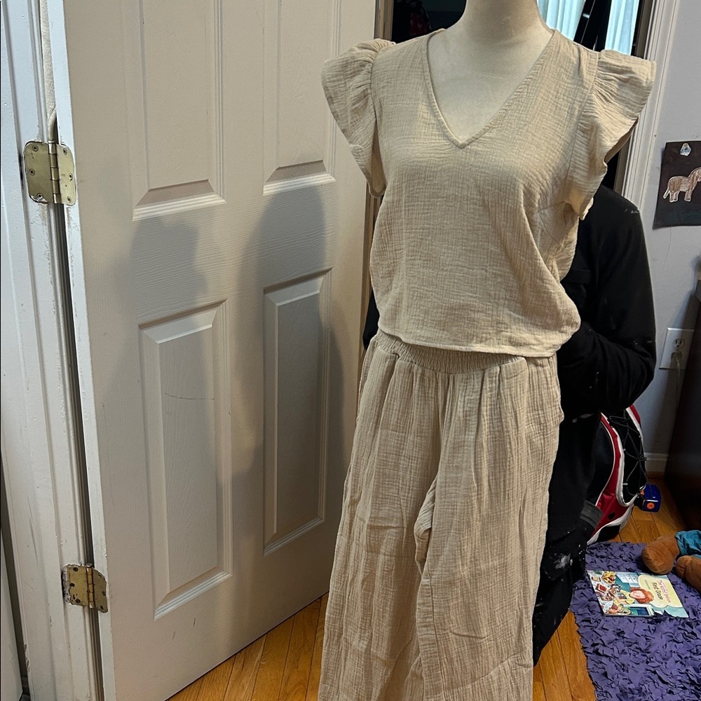 Women's Cream Gauze V-Neck Jumpsuit with Flutter Shoulders
